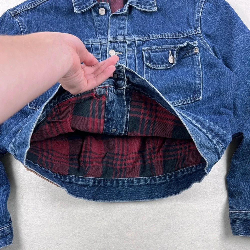 RRL Ralph Lauren Plaid Lined Denim Type 2 Trucker Jacket Mens M Blue Buckle Back
